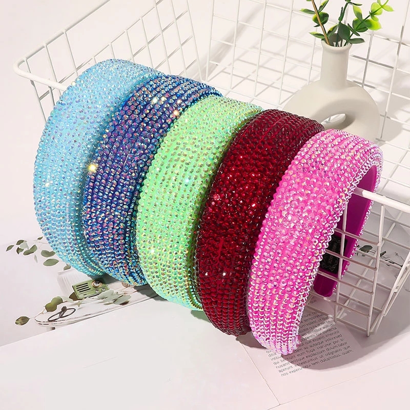 Luxury Women Shiny Full Colourful Crystal Rhinestone Wide-brimmed Sponge Headbands