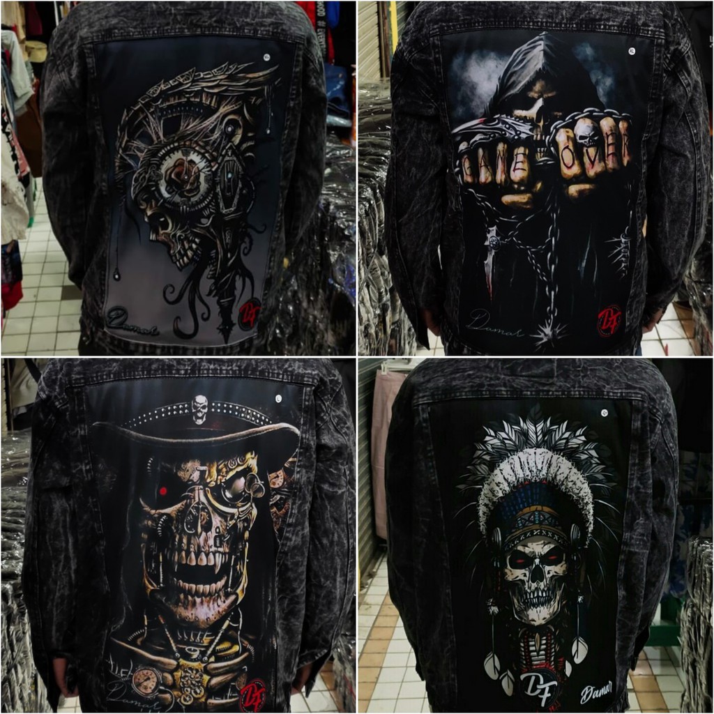 Jaket Jeans Denim  Washing Sablon Gambar Printing Tempel Belakang