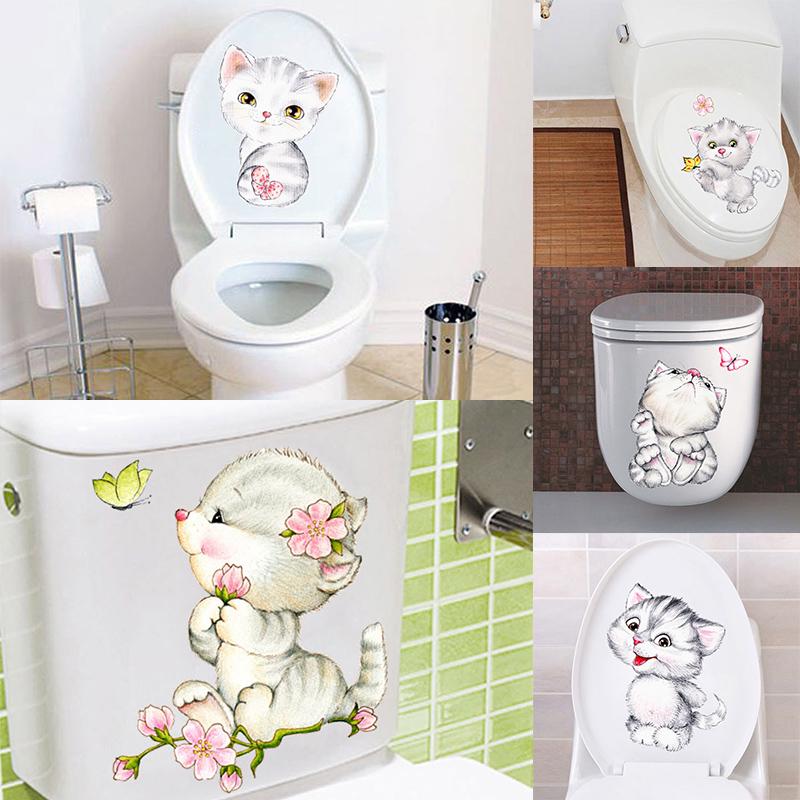 Stiker Dinding Dekorasi Kitten Toilet Seat Poster Wallpaper Ruang Tamu Rumah Sangat Lucu Kartun Kamar Mandi Mural Stiker Decals Art Decals