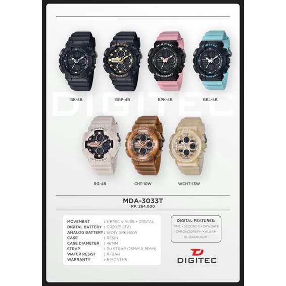 DIGITEC DA 3033 / DA-3033 / DG 3033 jam tangan wanita Digitec 3033 original tahan air 10 bar