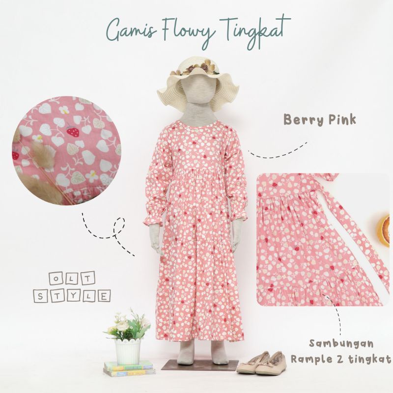 Gamis katun jepang anak umur 3-10 tahun model tingkat flowy motif B