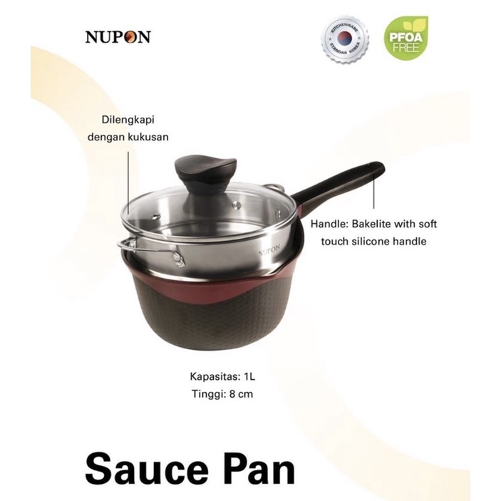 Panci NUPON PFOA SAUCE PAN 18CM. FREE TUTUP KACA DAN STEAMER STAINLESS