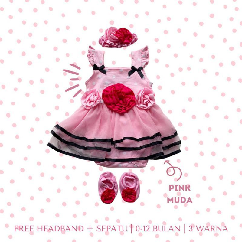 SETELAN BAJU ROMPER BAYI PEREMPUAN 0-12 BULAN / SET JUMPER ROK TUTU FREE BANDO JILL POLKADOT / SETELAN BAJU BAYI CEWEK LUCU / DRESS TUTU FLOWER BAYI /JUMPER TUTU BAYI FREE SEPATU BANDO