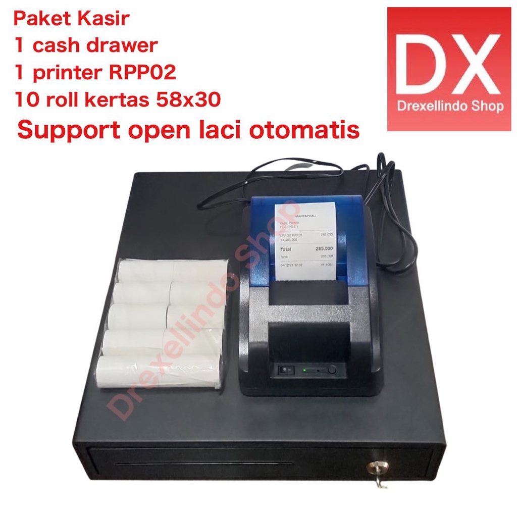 Paket Printer RPP02 plus Cash Drawer plus Kertas Thermal 58x30mm 10 roll