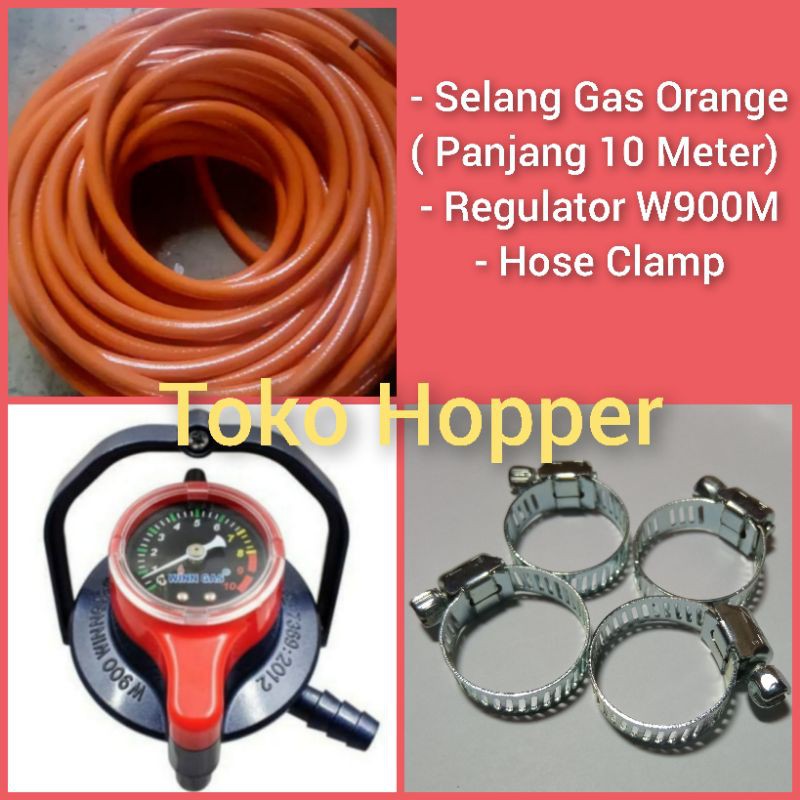 Selang Gas Orange Panjang 10 Meter dan Regulator Winn Gas W900M