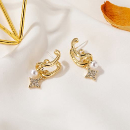 anting fashion fake double pierced pearl star earrings (3F1) jan218