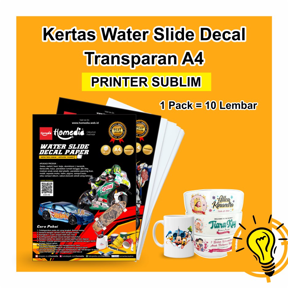 

Kertas DECAL SUBLIM Water Slide Decal Transparan Ukuran A4 untuk PRINTER SUBLIM Homedia