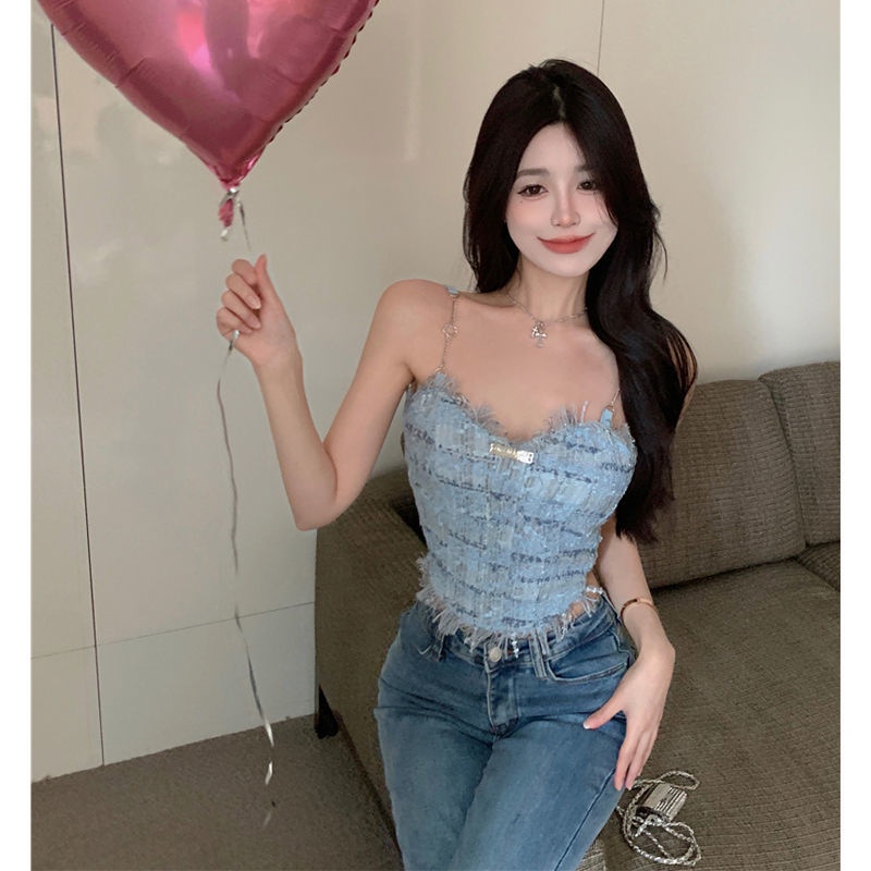 Rompi suspender rumbai biru wanita musim panas manis gadis panas di luar dengan rasa keinginan murni