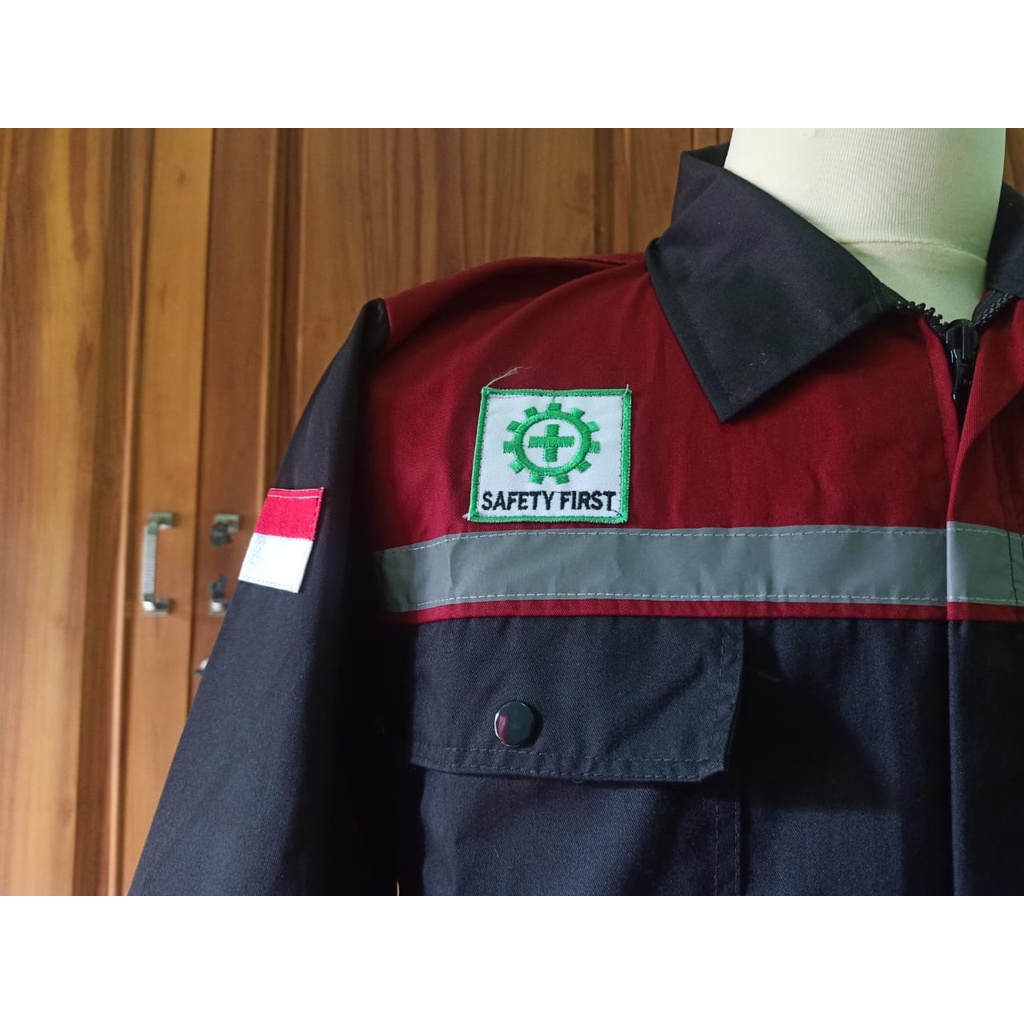 Baju Safety Wearpack Lengan Panjang | Baju Proyek Atasan Merah Maroon Hitam