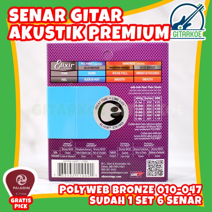 Senar Gitar Elixir Akustik Ukuran 010 Polyweb Bronze Anti/Tahan Karat