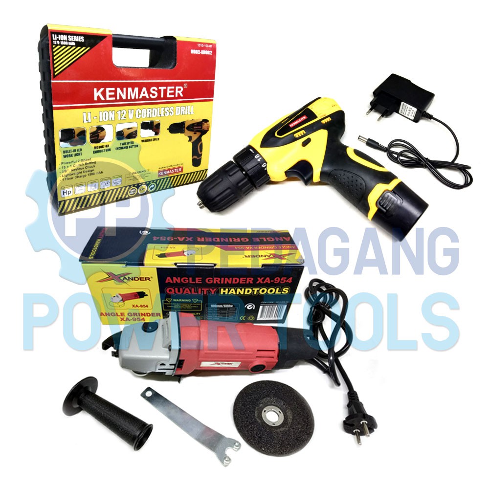 PAKET KENMASTER MESIN BOR CORDLESS BATERAI 12V &amp; XANDER MESIN GERINDA