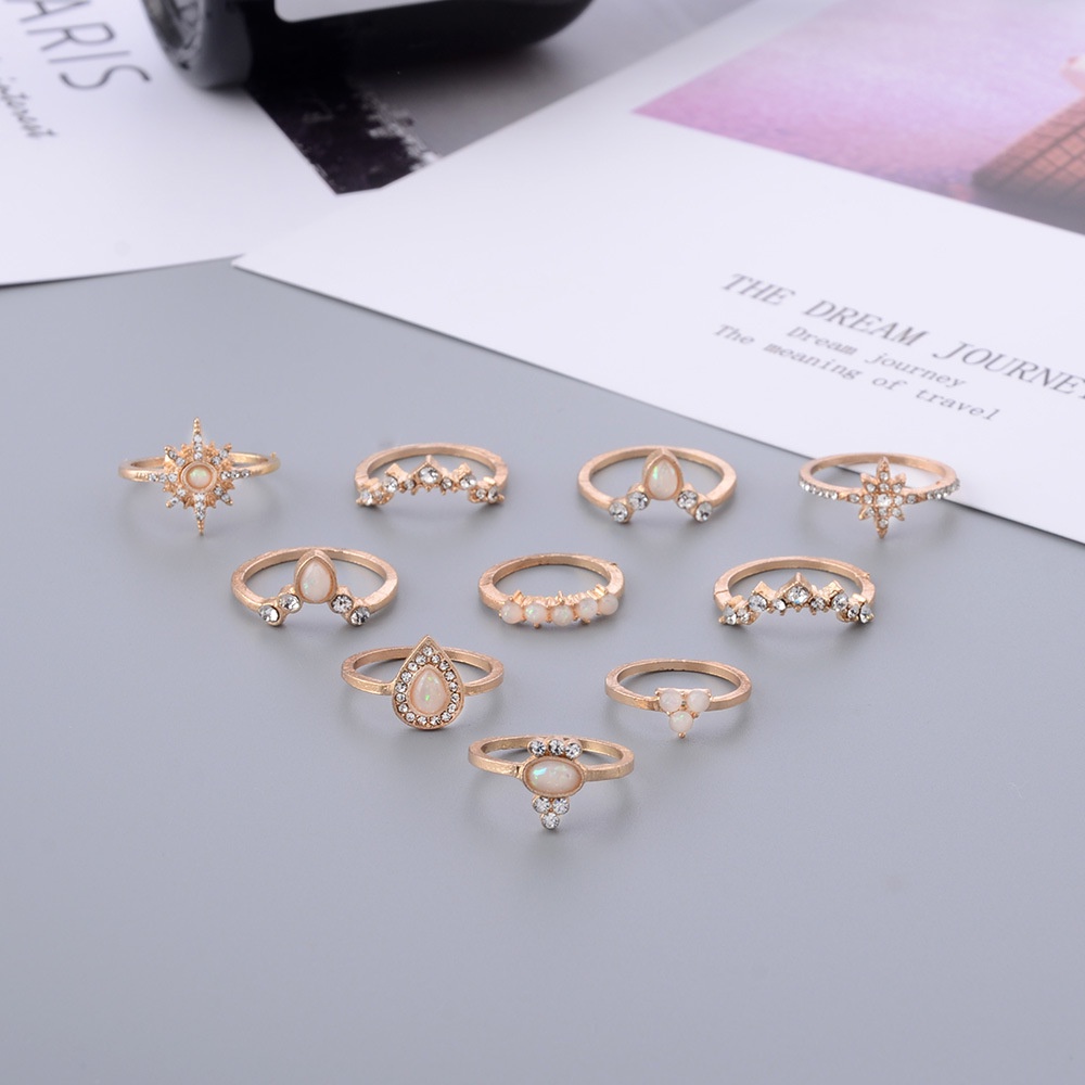 Eropa dan Amerika gaya baru imitasi opal style ring diamond crown kombinasi wanita 10 buah set cinci