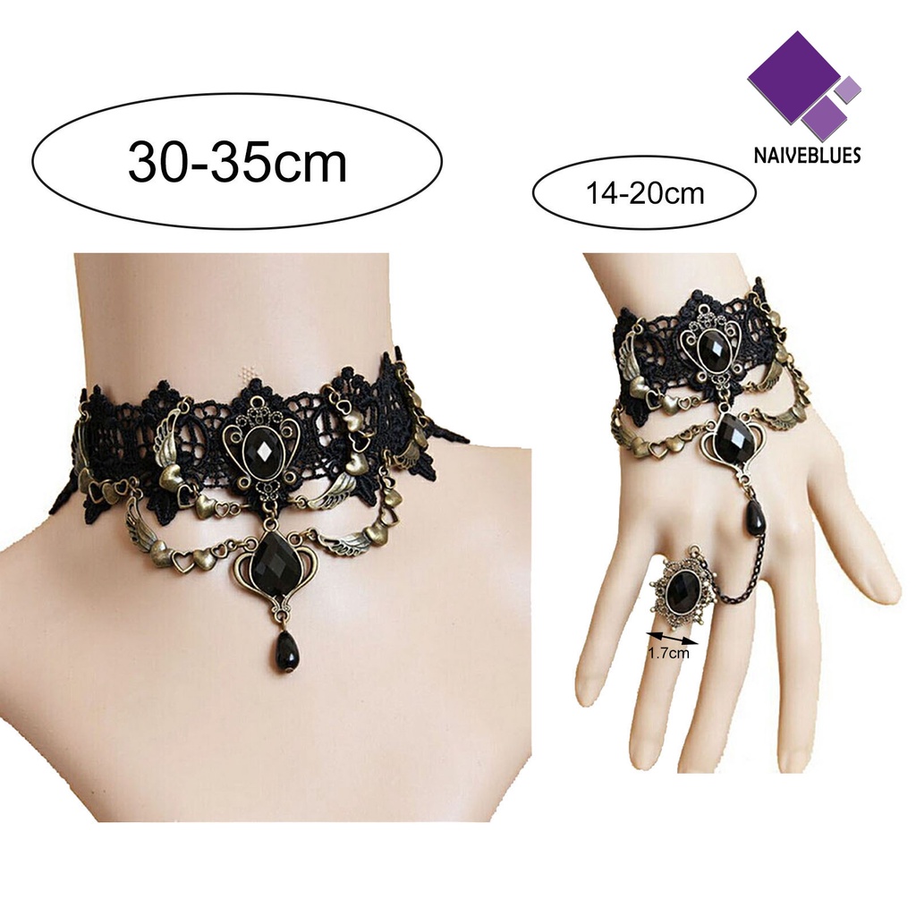 Kalung Gelang Cincin Bahan Lace Warna Hitam Gaya Gothic Punk Untuk Wanita