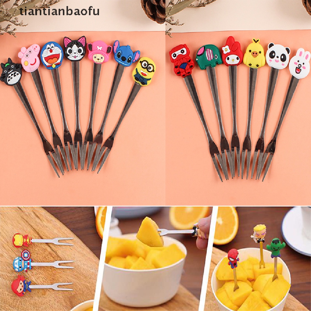 5 Pcs Garpu Buah Mini Bahan Stainless Steel Motif Kartun Untuk Rumah Tangga