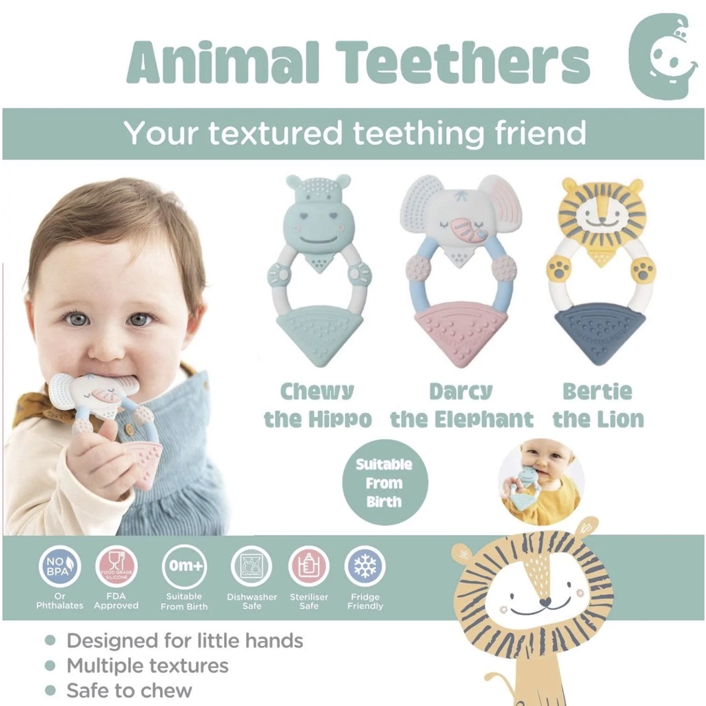 Cheeky Chompers Teether - Elephant / Lion / Hippo - Gigitan Teething Chomper Toy Toys Anak Baby Bayi Mainan Sensory