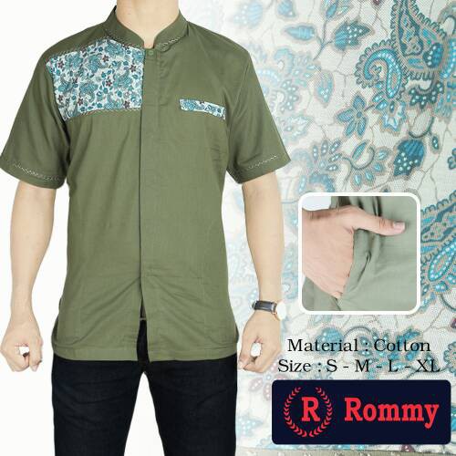 Kemeja / Baju Koko Muslim Pria Rommy - Hijau Lumut Kombinasi Batik