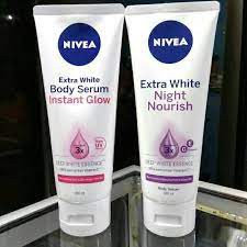 PAKET pagi&amp;malam Nivea bodyserum instan glow &amp; nivea serum night nourish @ 180 ml