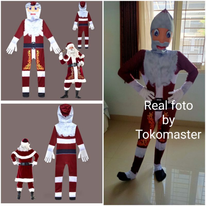 Full body Zentai romper jumpsuit natal Christmas Santa Claus kostum cosplay panjang terusan mask
