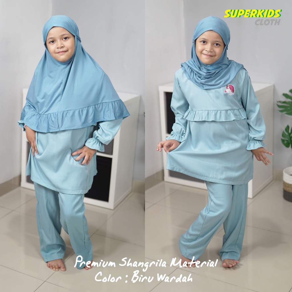 Setelan Baju Muslim Anak Perempuan Tunik Set Gamis Anak Perempuan Dress Anak SuperkidsCloth Biru Wardah Unicorn 1 - 10 Tahun