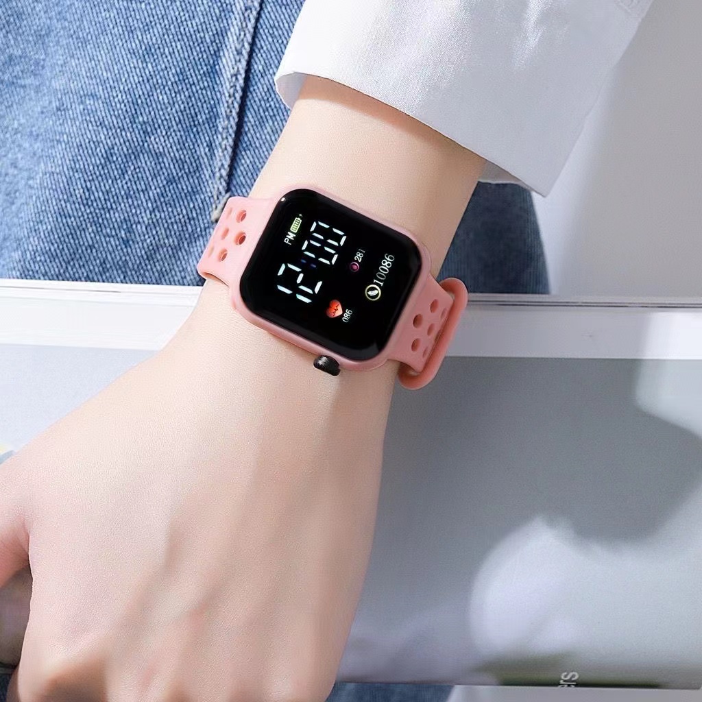 [ COD ] Jam Tangan Digital LED Wanita Dan Pria Strap Rubber Dial Kotak Tampilan Layar Besar-58-7 Pink