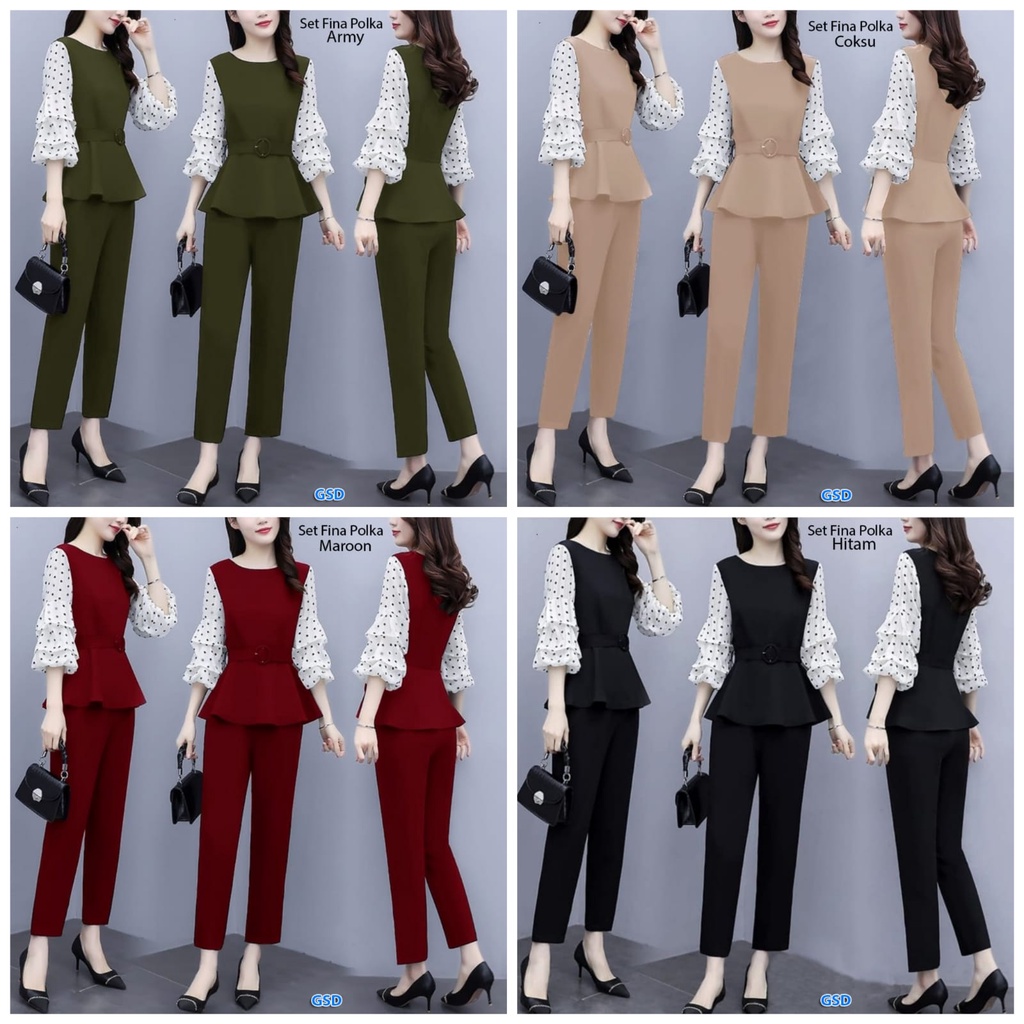 Set Fina Polka/set wanita/set celana wanita/setelan celana panjang/setelan blus panjang/setelan blus