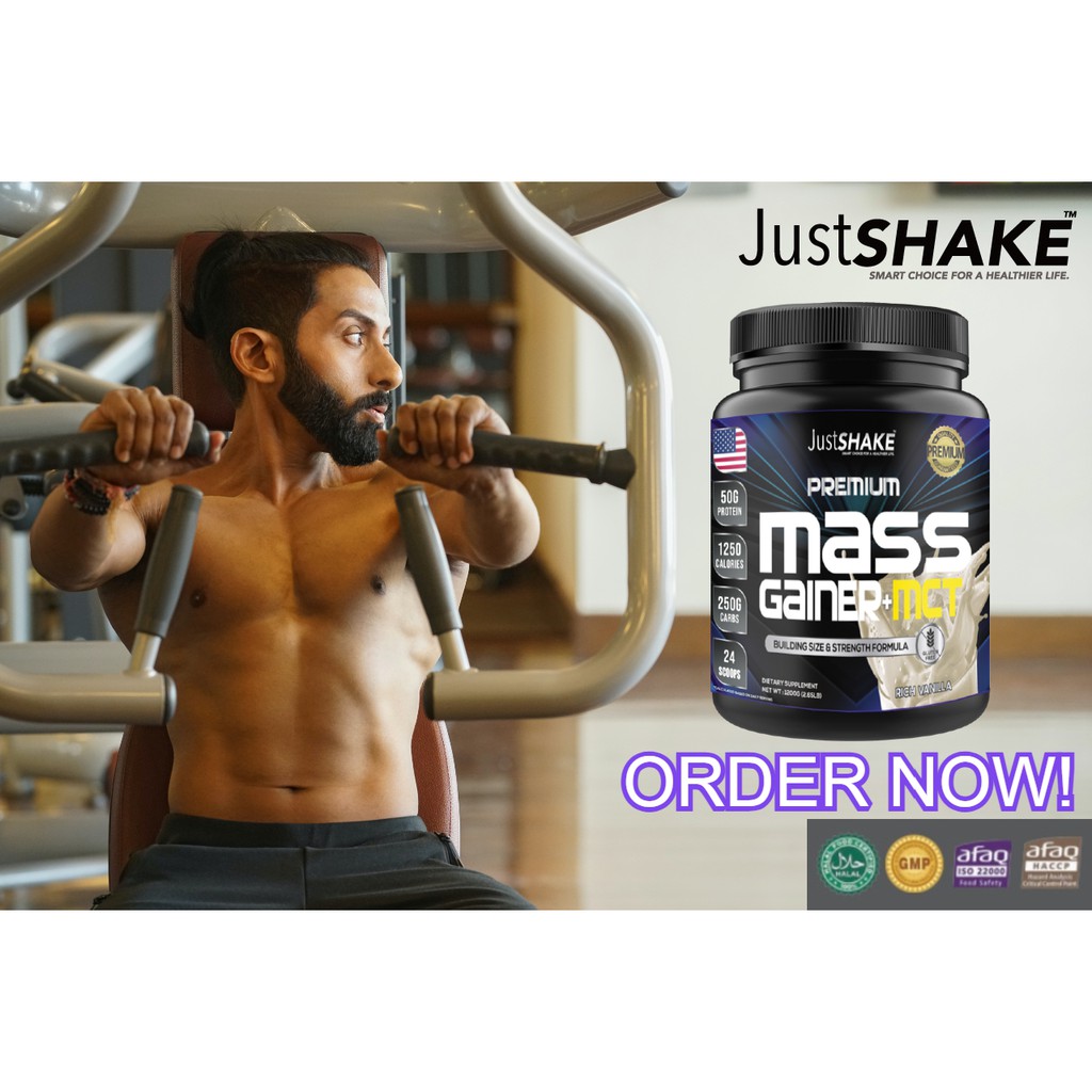 MASS GAINER+MCT PREMIUM JUSTSHAKE/SUSU PEMBENTUK OTOT PRIA DAN WANITA (1200gr)