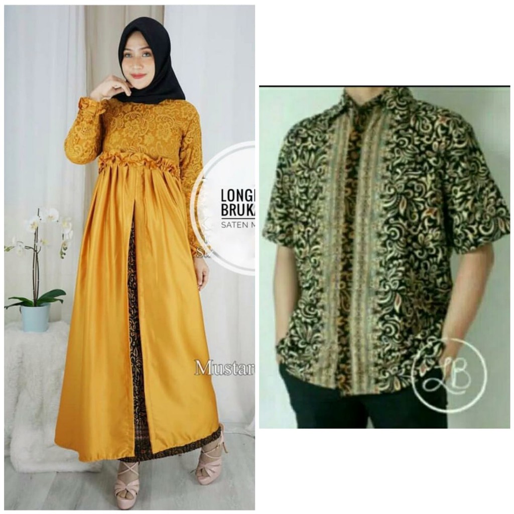 Couple gamis ani rok instan plisket wanita dan kemeja batik Pria