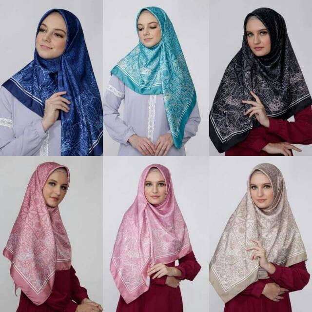 Kerudung / Hijab / Khimar / Scarf / Jilbab Segi Empat Satin Motif Saveria Hitam Tosca Original ZOYA