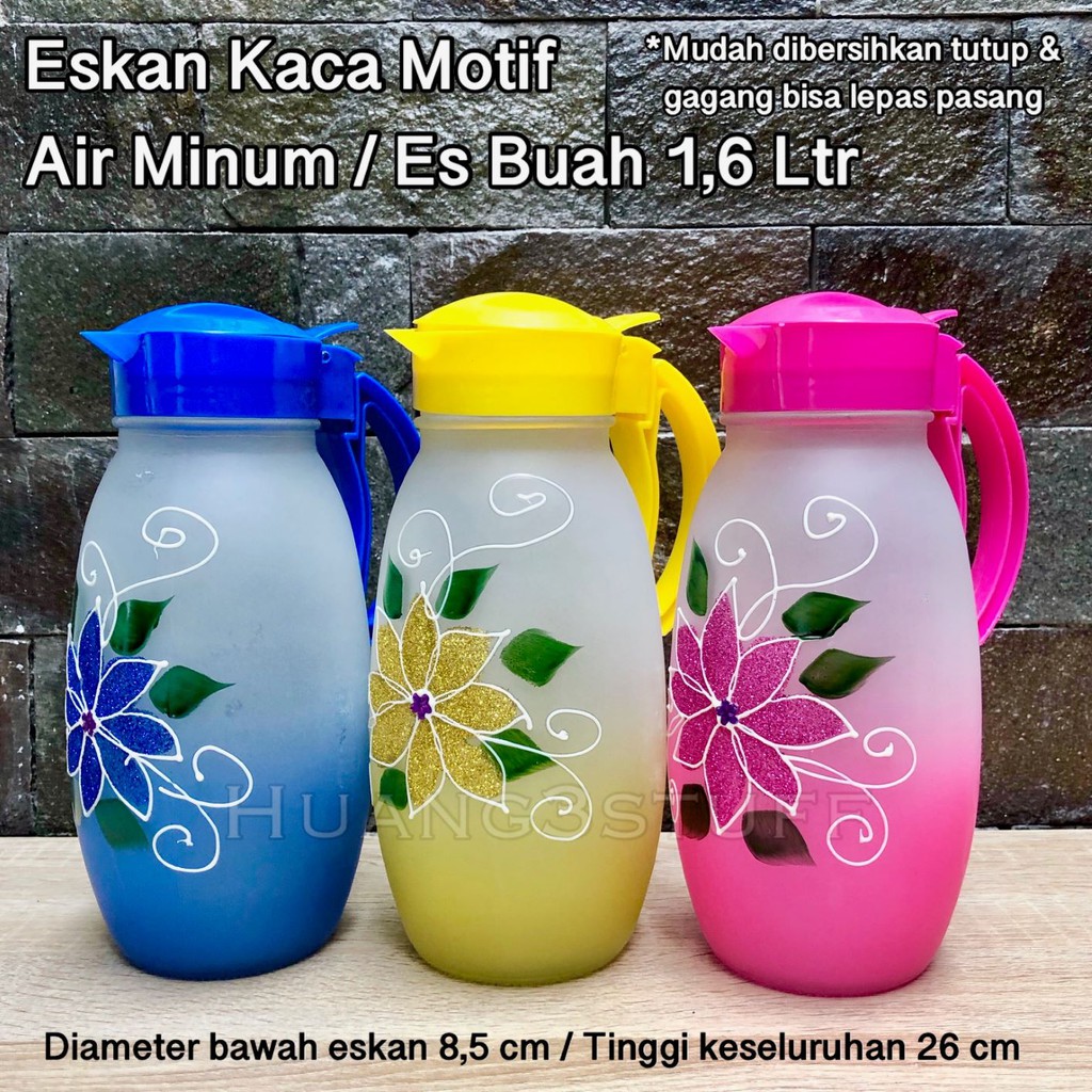 Eskan Pitcher Kaca Warna Motif Bunga / Luminarc Arc Water Jug 1,6L 1600ml Tutup