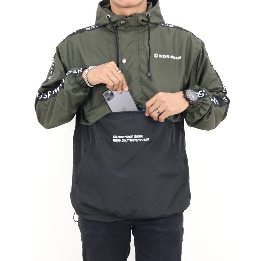 BGSR Jaket Cougle Pria Jaket Parasut Hijau Army