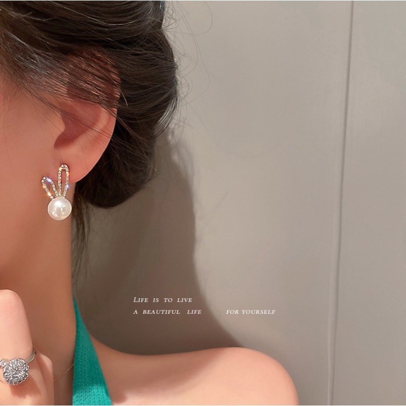 925 jarum perak Mutiara Diamond kelinci telinga stud anting-anting Korea kelinci lucu anting-anting