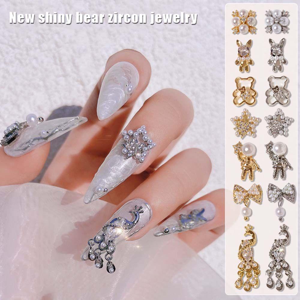 AUGUSTINA Agustin 3D Dekorasi Kuku Logam Shiny Pearl Pendant Gaya Jepang Berujung Lima Beruang Bintang DIY Perhiasan Nail Art