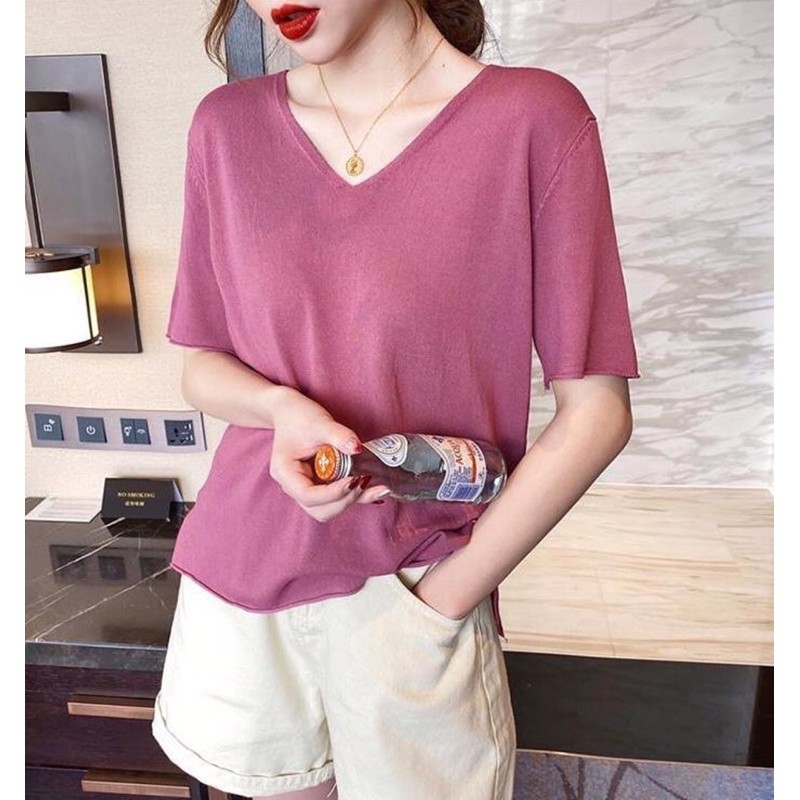 Atasan wanita knit V neck rajut import woman