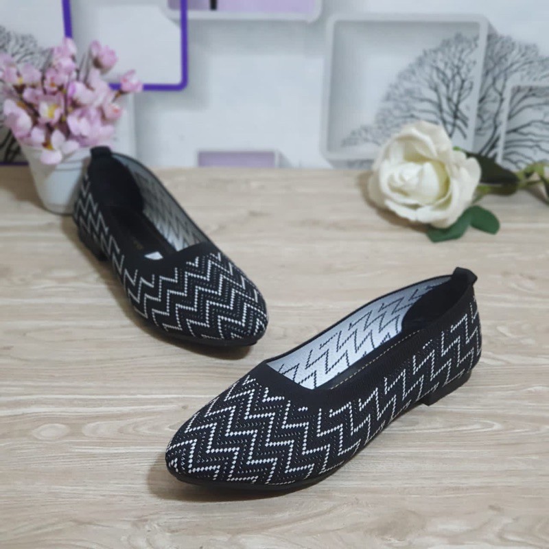 KAYZINEVA | CC18 Sepatu Wanita Rajut Salur Flat / Sepatu Flat Wanita Kekinian / Sepatu Wanita Terbaru / Sepatu Wanita Kekinian