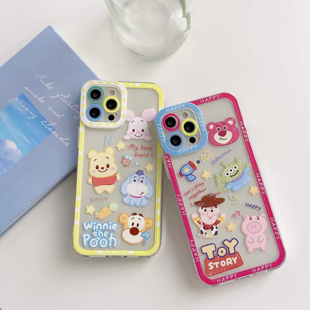 【Ready Stock】Lovely Winnie The Pooh Frame Clear Phone Case for iPhone 14 13 12 Pro Max 11 Pro SE 2020 XR XS MAX iPhone 7 Plus 8 Plus 6S Plus Dual Lens Protector Dual Frame Soft TPU Back Cover