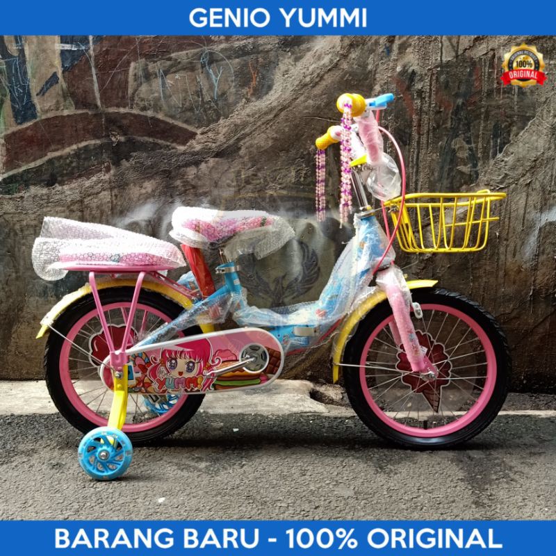 Sepeda Anak Perempuan Cewek Mini 16 Inch GENIO YUMMI Keranjang Boncengan Bisa Dilipat Usia 4 Tahun