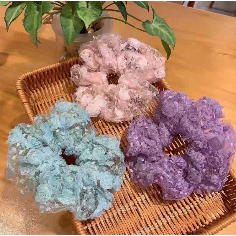 Scrunchie Korea Brokat ukuran 11.5cm JUMBO Cepol Hijab Lace Scrunchies Ikat Rambut Besar