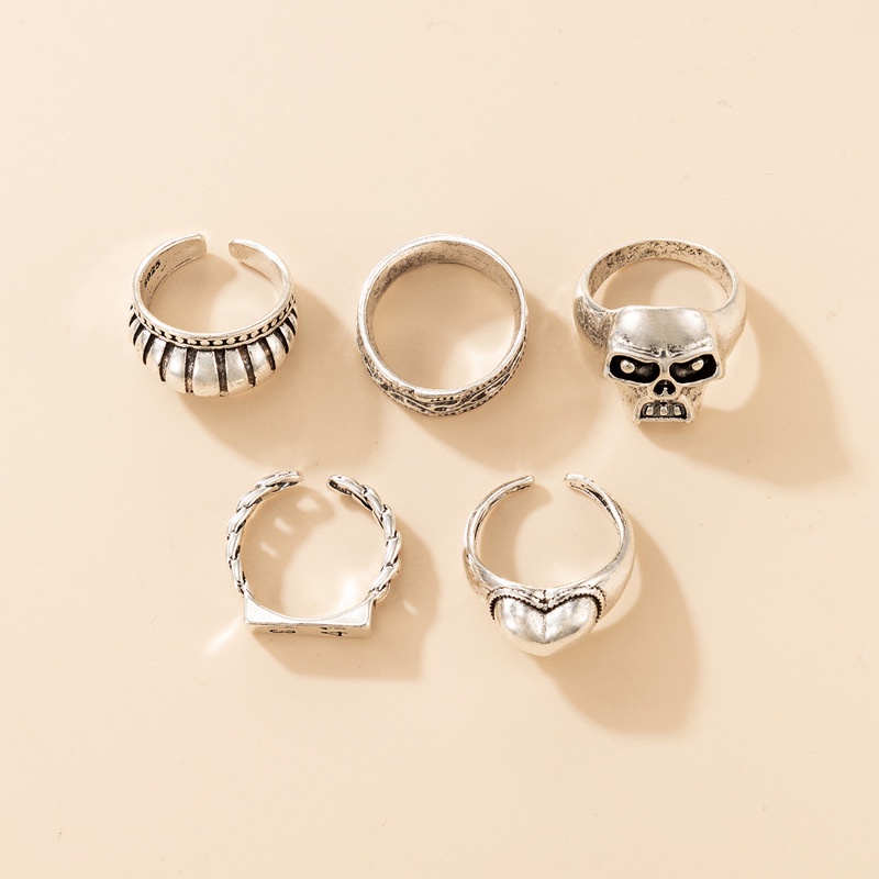 5pcs / set Cincin Desain Tengkorak / Hati / Geometri Vintage Bahan Alloy Warna Silver Untuk Wanita 1314