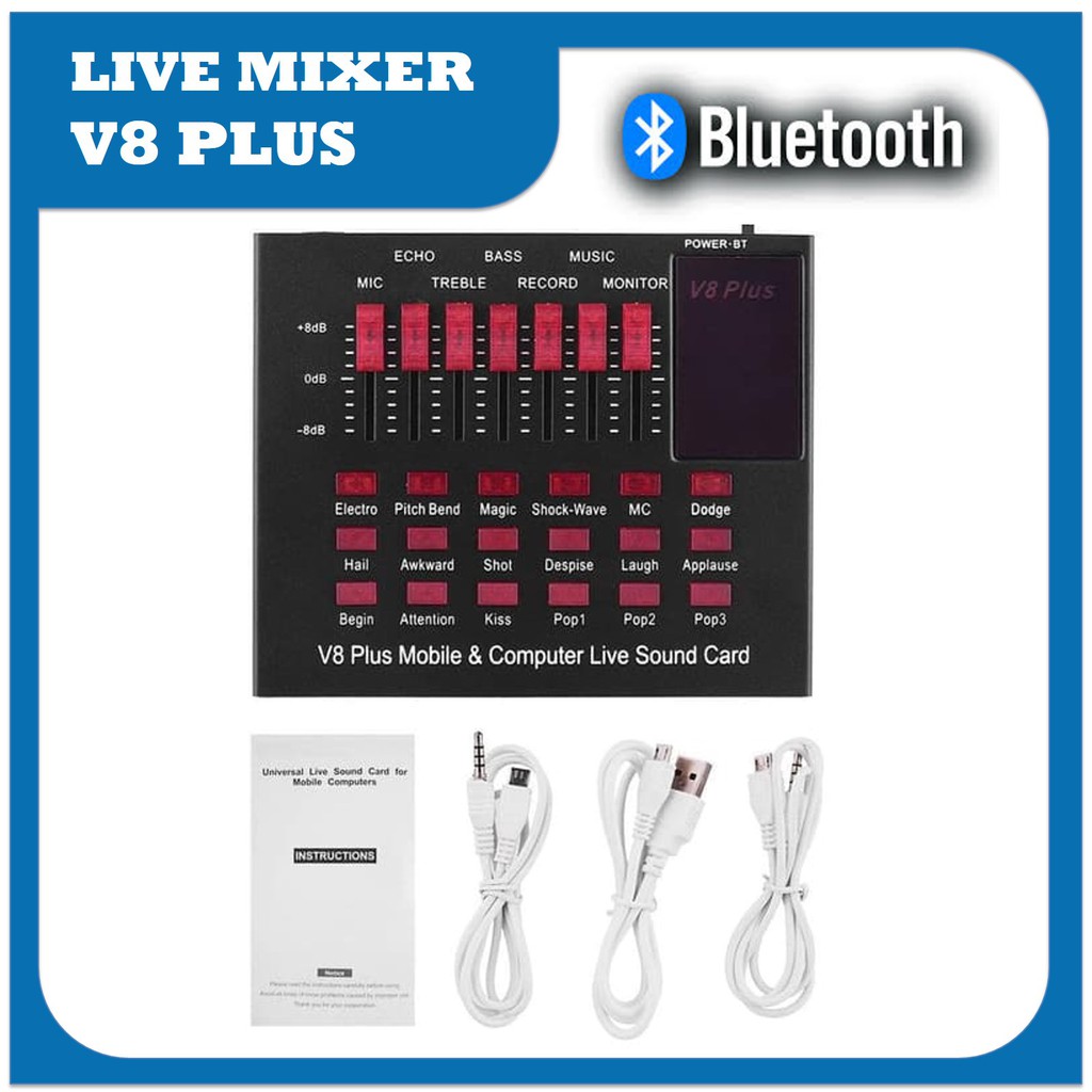 Bluetooth Live Mixer Broadcast Audio USB Externeal Soundcard V8 PLUS Sound card equalizer VLOG Efek