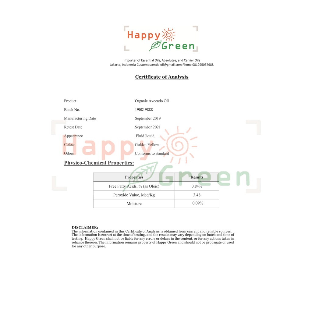 Happy Green ORGANIC Avocado Carrier Oil - Minyak Alpukat Organic Virgin