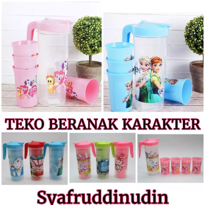 TEKO BRANAK KARAKTER 4IN1 TEKO PLASTIK 1 SET TEKO 4 GELAS