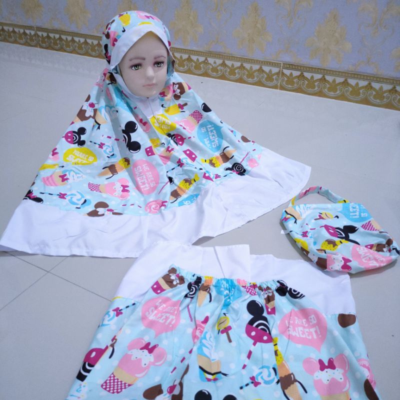 Mukena anak 1 2 3 4 tahun katun motif karakter kartun pink biru kuning bts ( MUKENA Anak )