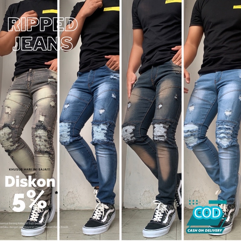 Celana Panjang Jeans Sobek Original Distro Bandung Slimfit Jeans Strech Ripped Korean Style Terbaru