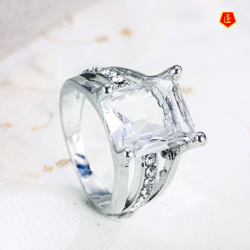 [Ready Stock]Fashion Simple Silver Square Diamond Ring