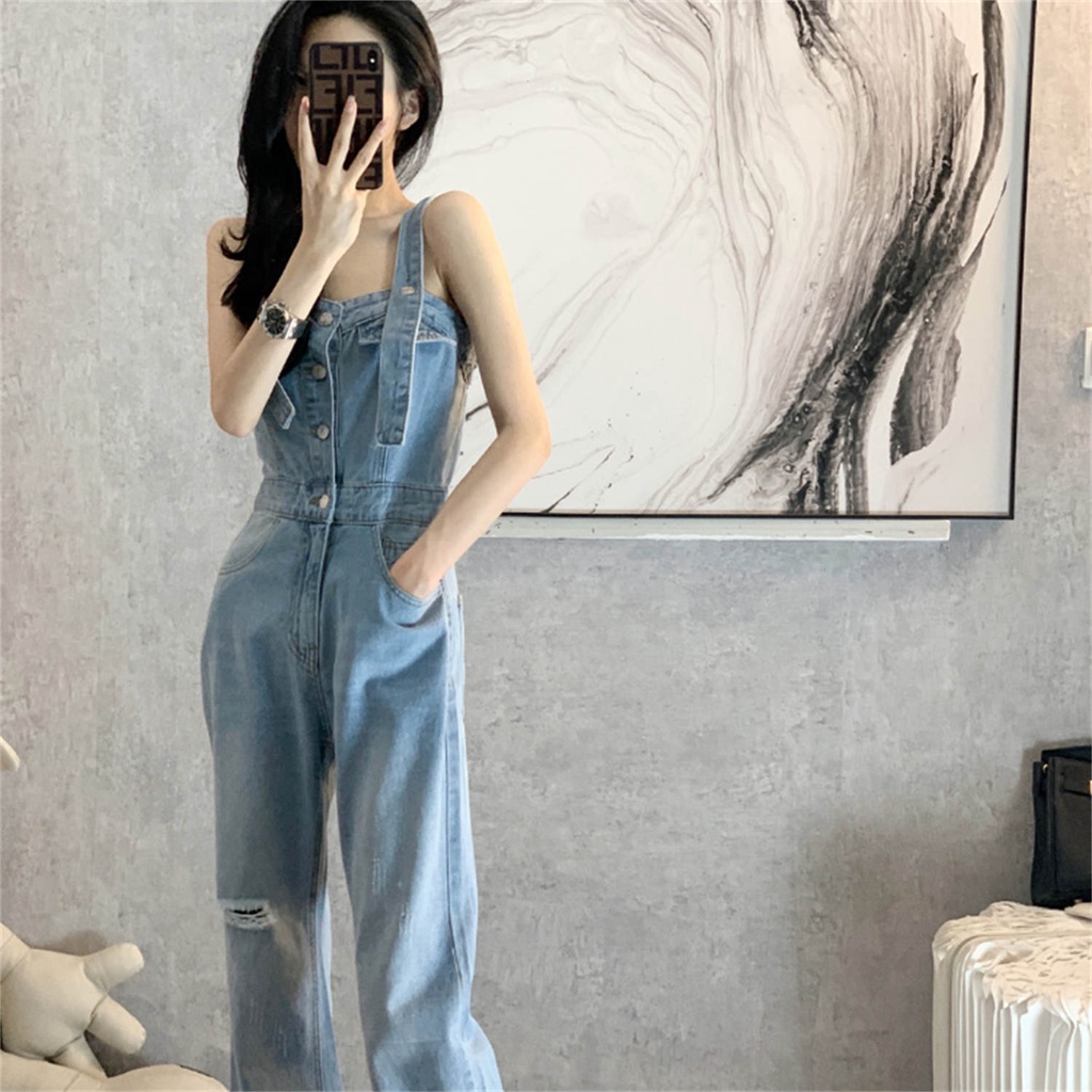 Design sense niche denim overalls summer dress ins wind high waist drape slim fit pants women s spri