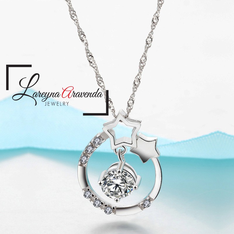 Kalung Titanium Asli + Liontin Wanita Motif Double Star Crystal KL035