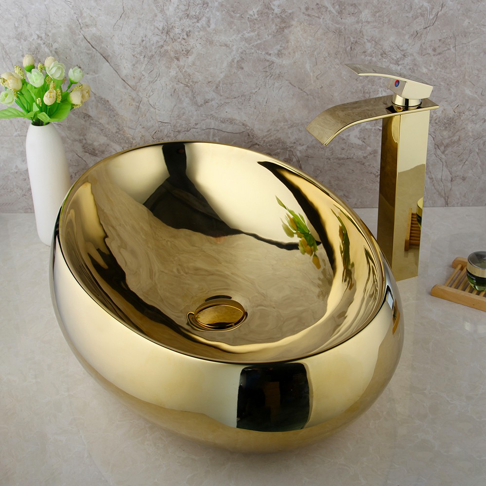 Jieni Polished Gold Bathroom Ceramic Basin Sink Golden Plated Solid Brass Faucet Tap Set Bowl Shopee Indonesia