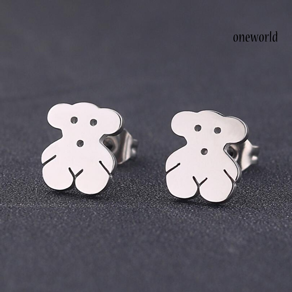 OW@ Women Cute Cartoon Mini Stainless Steel Bear Ear Stud Earrings Jewelry Gift