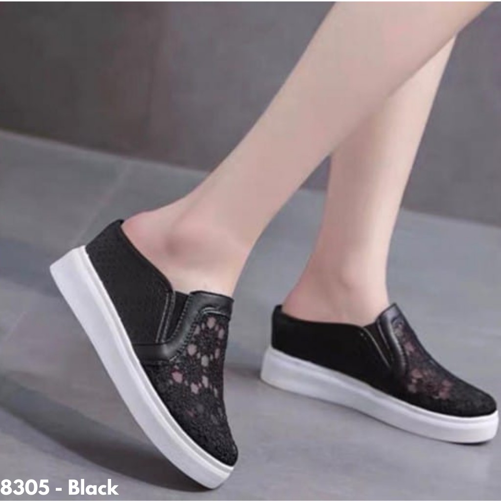 SEPATU WEDGES SLOPE SLOP WANITA BROKAT IMPORT TERBARU BATAM PRAKTIS RINGAN NYAMAN HITAM PUTIH #8305