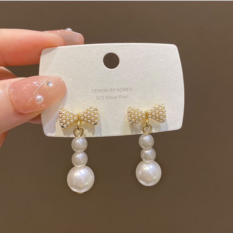 Anting S925 Silver Needle Bentuk Pita Aksen Mutiara Gaya Korea Untuk Wanita